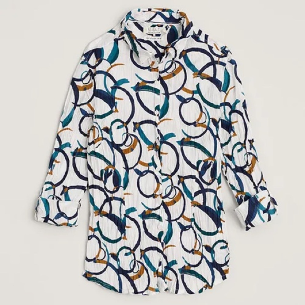 Women's Abstract Loop Print Button-Down Shirt - White/Teal/Navy/Tan